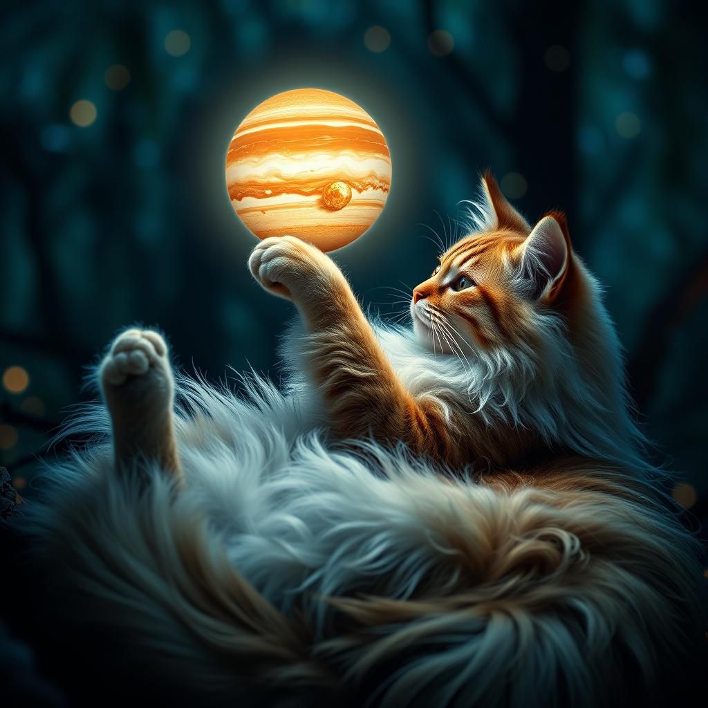 Cosmic Cat Grasping Jupiter in Mystical Forest