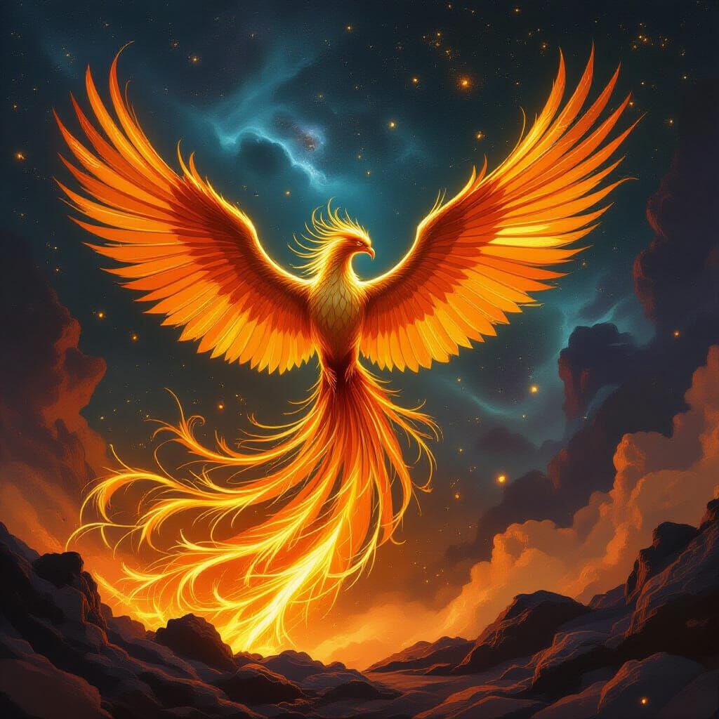 Phoenix Rising from Molten Gold Amidst Cosmic Nebulae