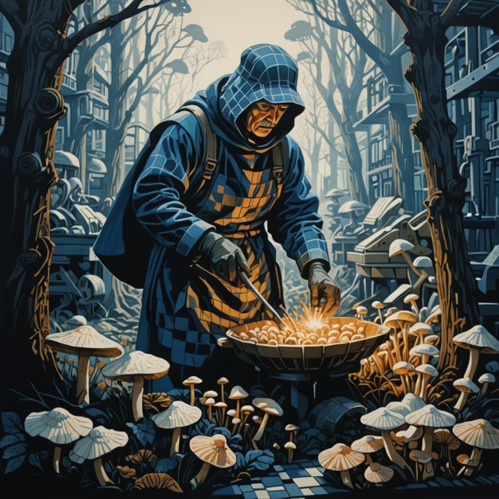 Linocut Activists Tending Mushrooms in Blue and White