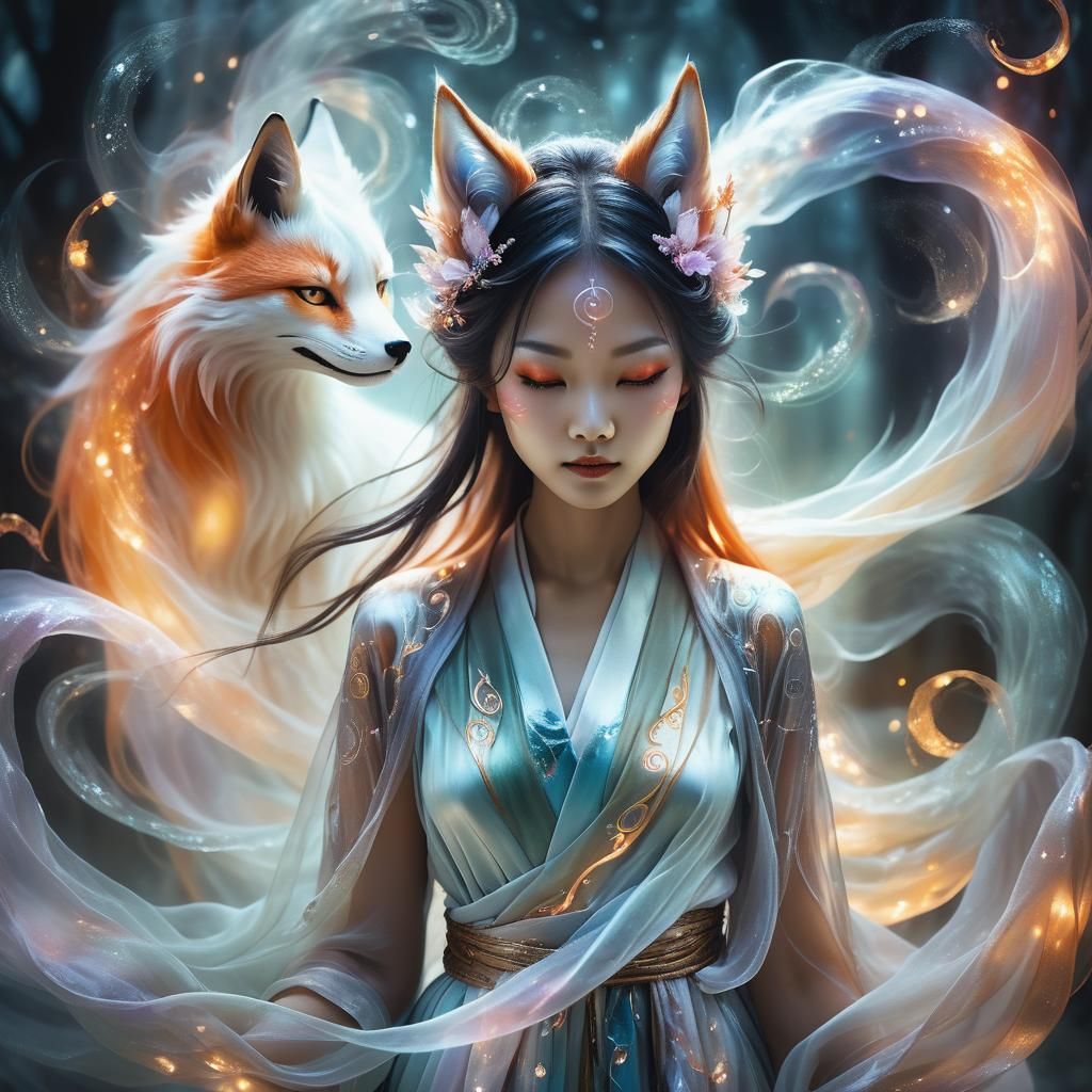 Ethereal Kitsune Portrait in Mystical Realism