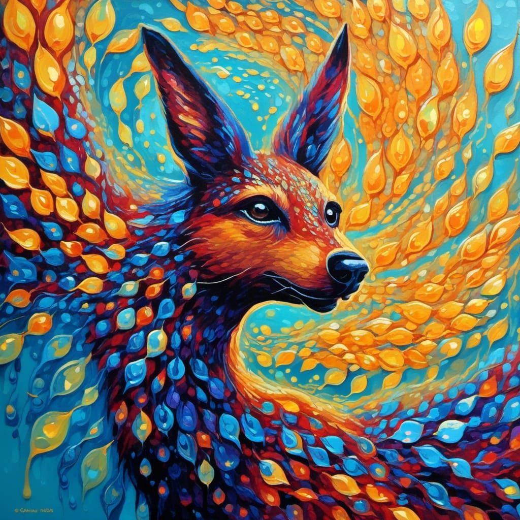 Aboriginal Dot Painting of a Dingo on Cave Wall