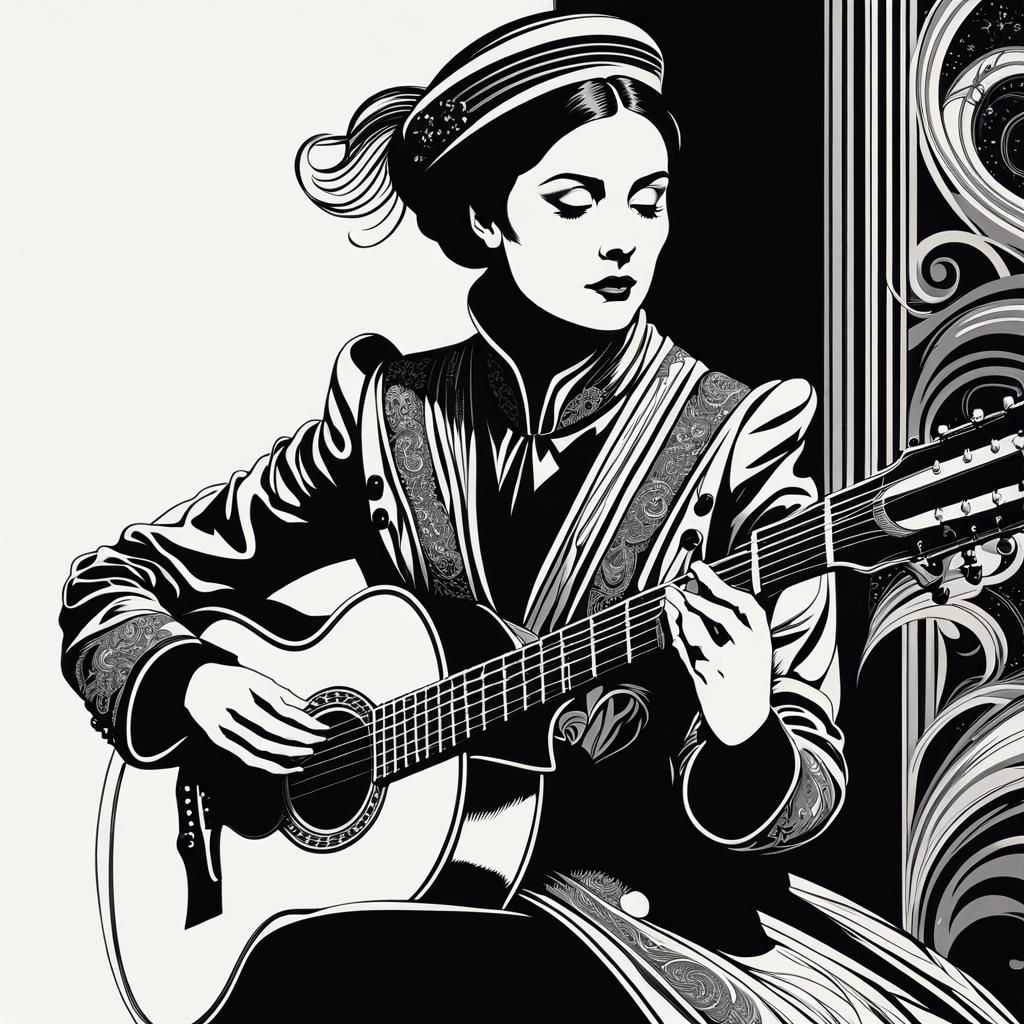 Retro Sci-Fi Lady Guitarist in Line Art