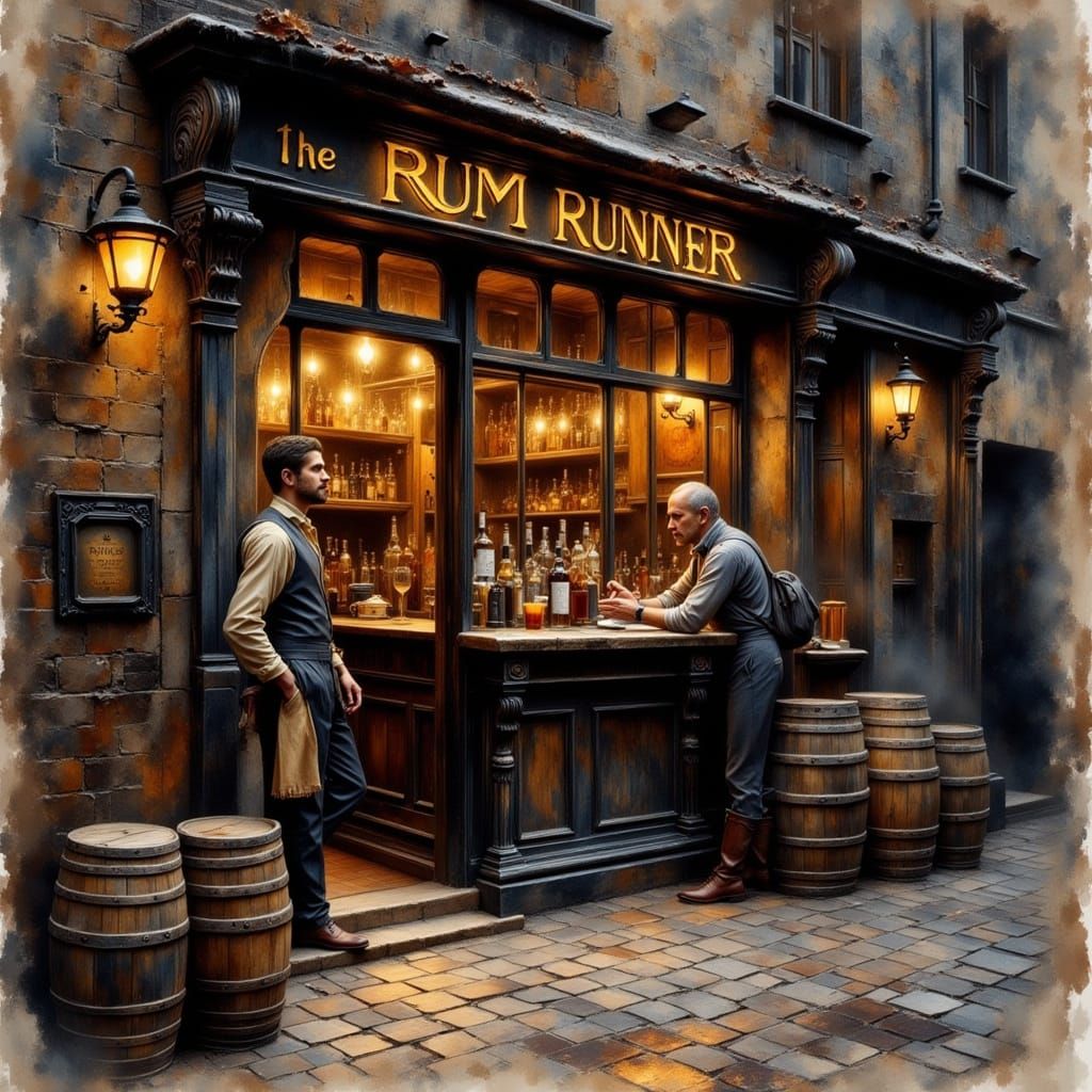 Mid Century Irish Tavern Scene in Grunge Watercolor Style