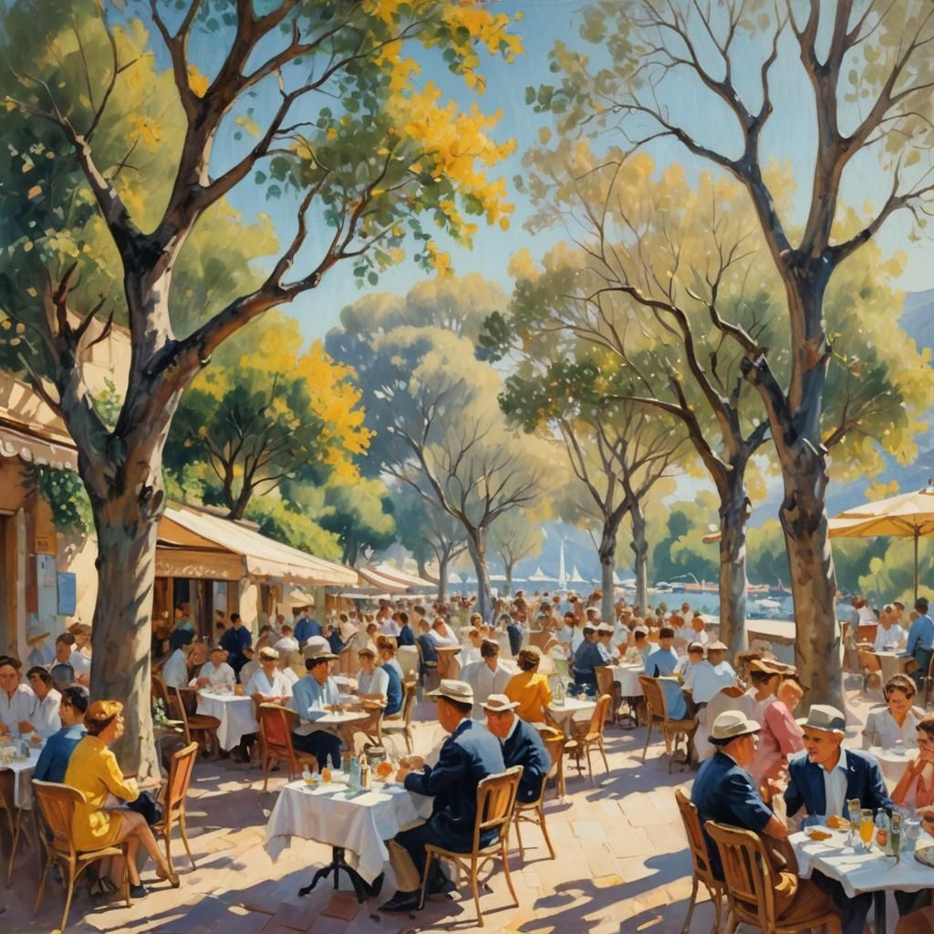 French Riviera Cafe Scene as Oil Painting