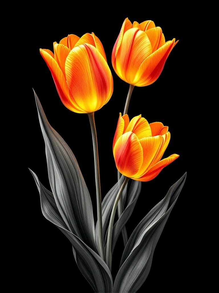 Vibrant Tulips in Gradient Hues, Set Against Monochromatic G...
