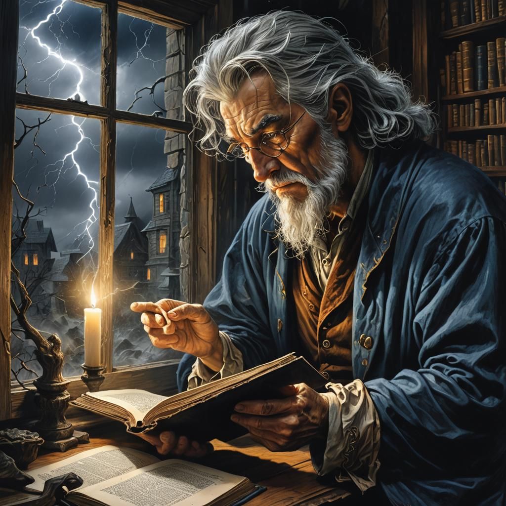 Fantasy Art: Man Reading Book During Storm