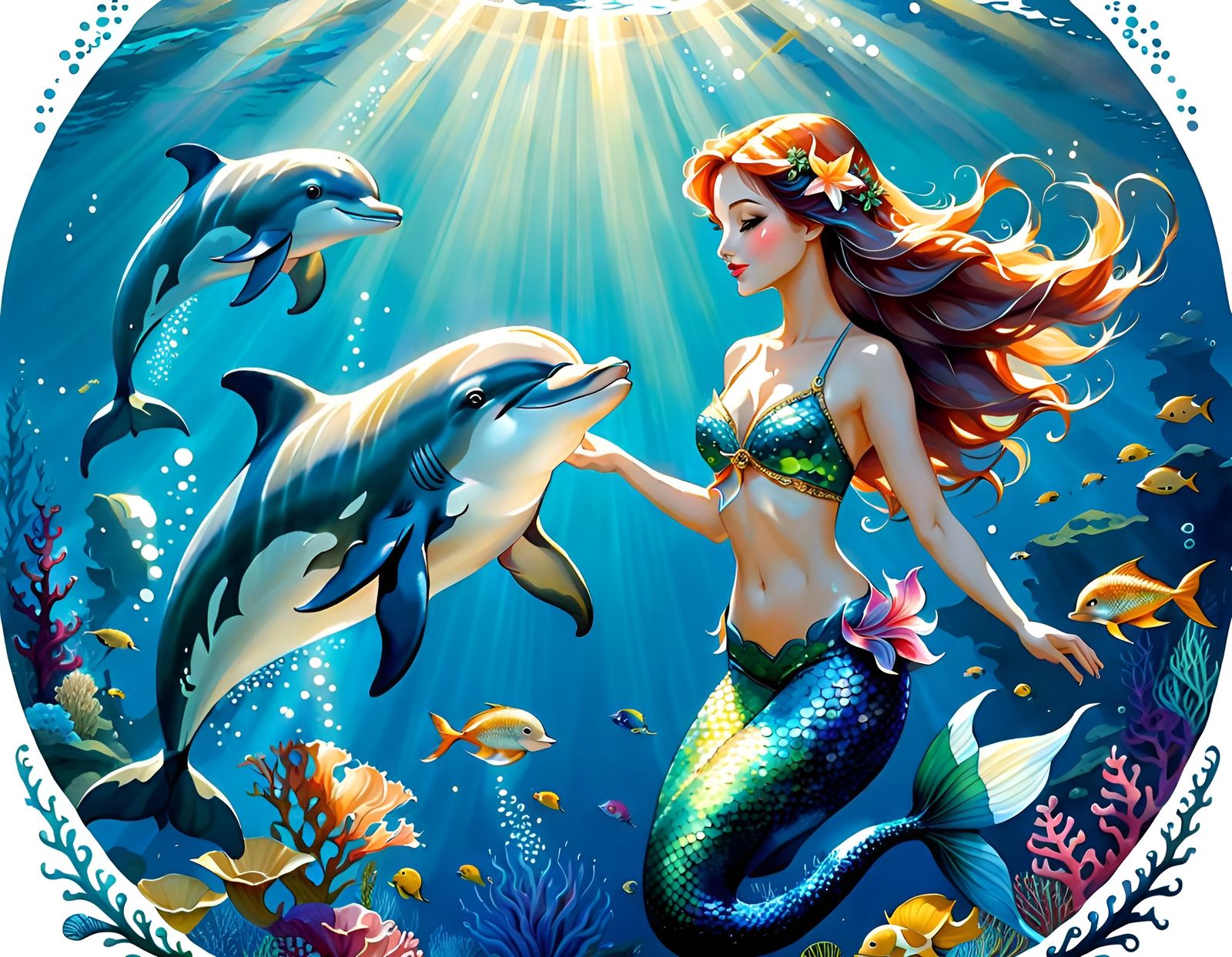 Mermaid and Dolphin Underwater Watercolor Illustration