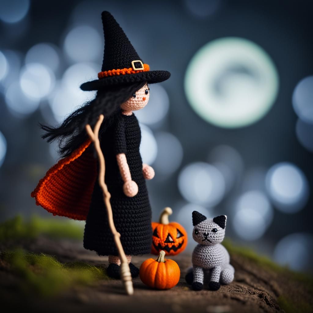 Witch and Cat at Full Moon Halloween Crochet