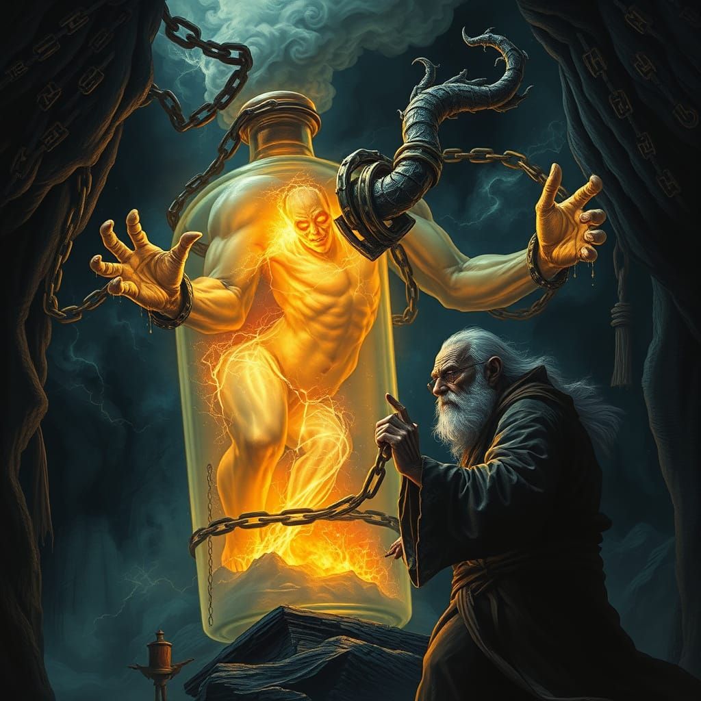 Ethereal Jinn Emerges from Mystical Glass Bottle in Smoky Fo...
