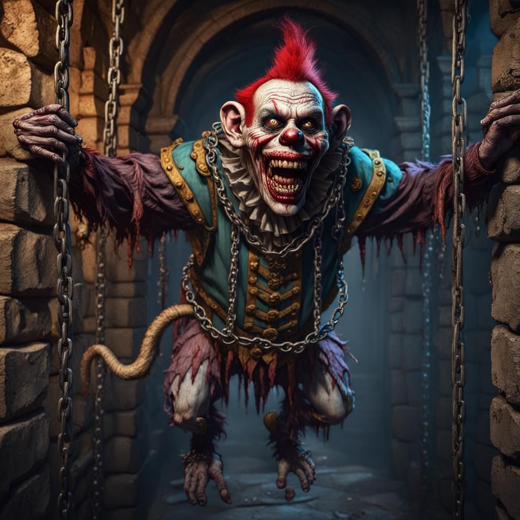 Zombie Monkey Clown in Medieval Dungeon: Fantasy Art