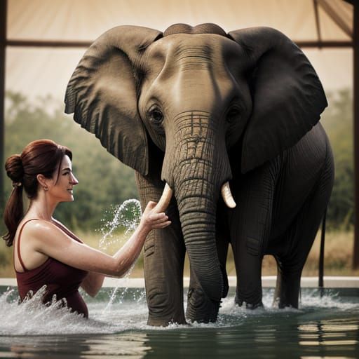 Lady giving baby elephant a bath