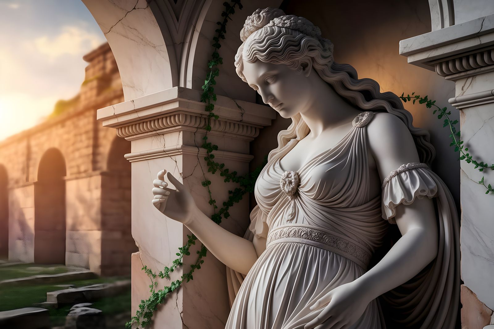 Marble Goddess Sculpture with Vine in Roman Ruins