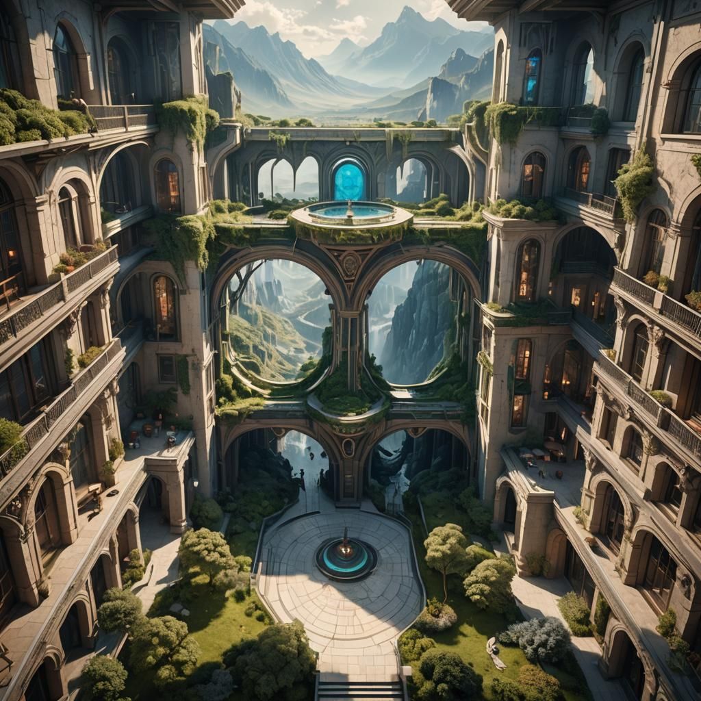 Elliptical Glass Building with Cascade in Open Valley