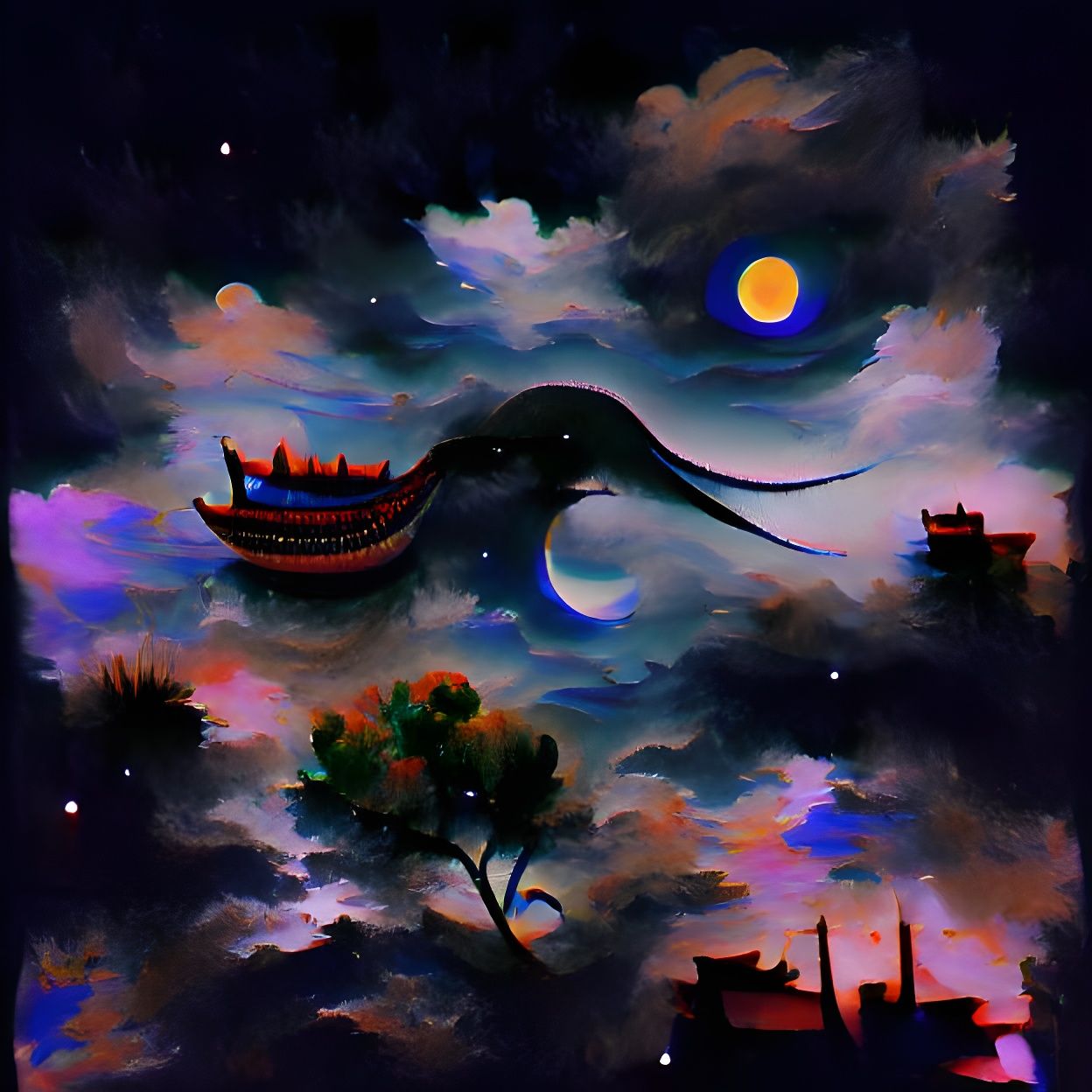 Chinese Dragon Under Moonlight: Oil on Canvas