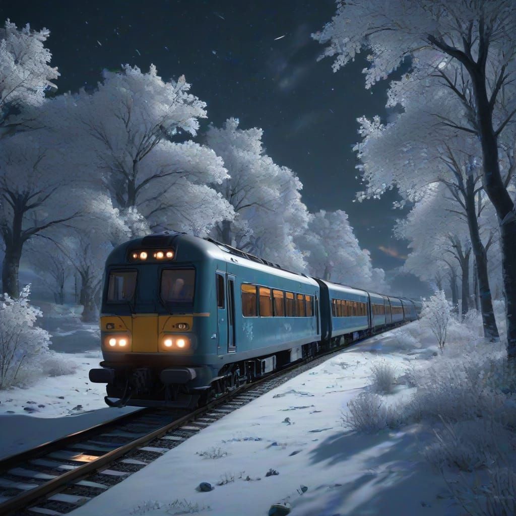 High-Speed Train Through Snowy Night Landscape