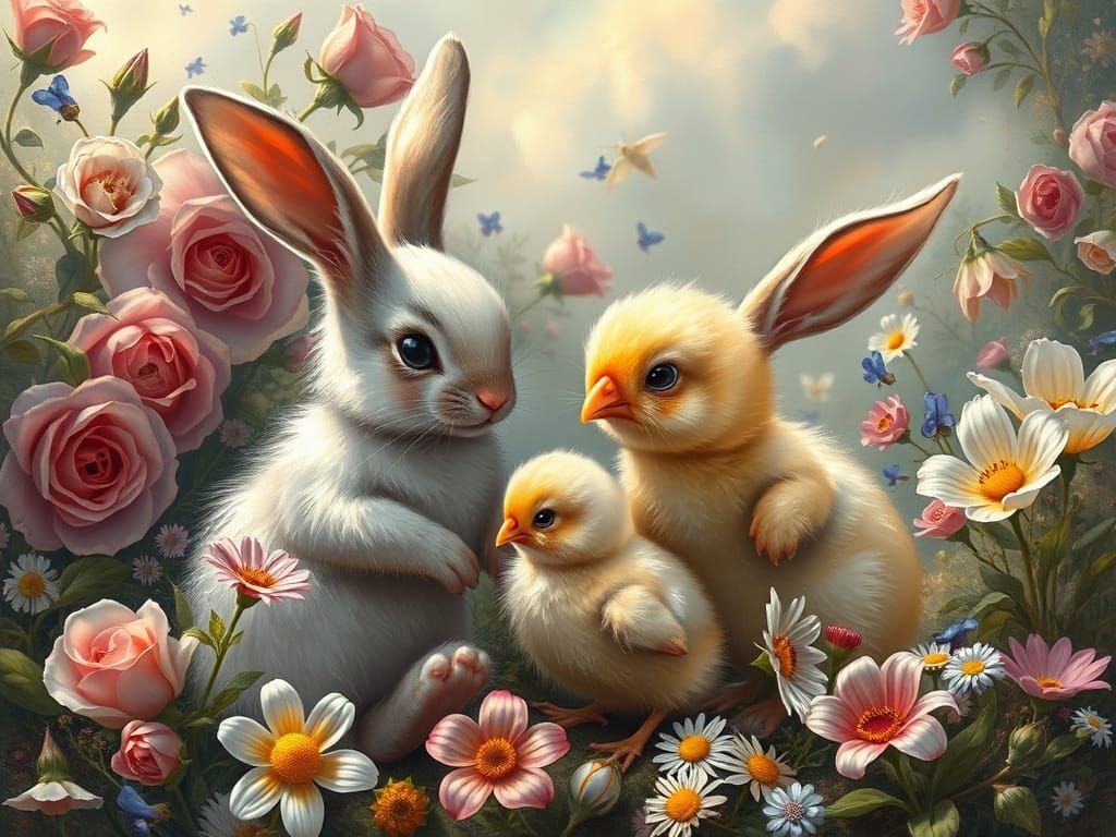 Bunnies and Chick Play in Renaissance Landscape