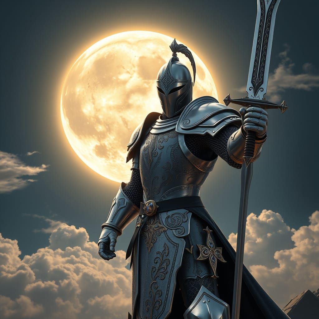 Heroic Knight in Silver Armor against Glowing Moon Globe