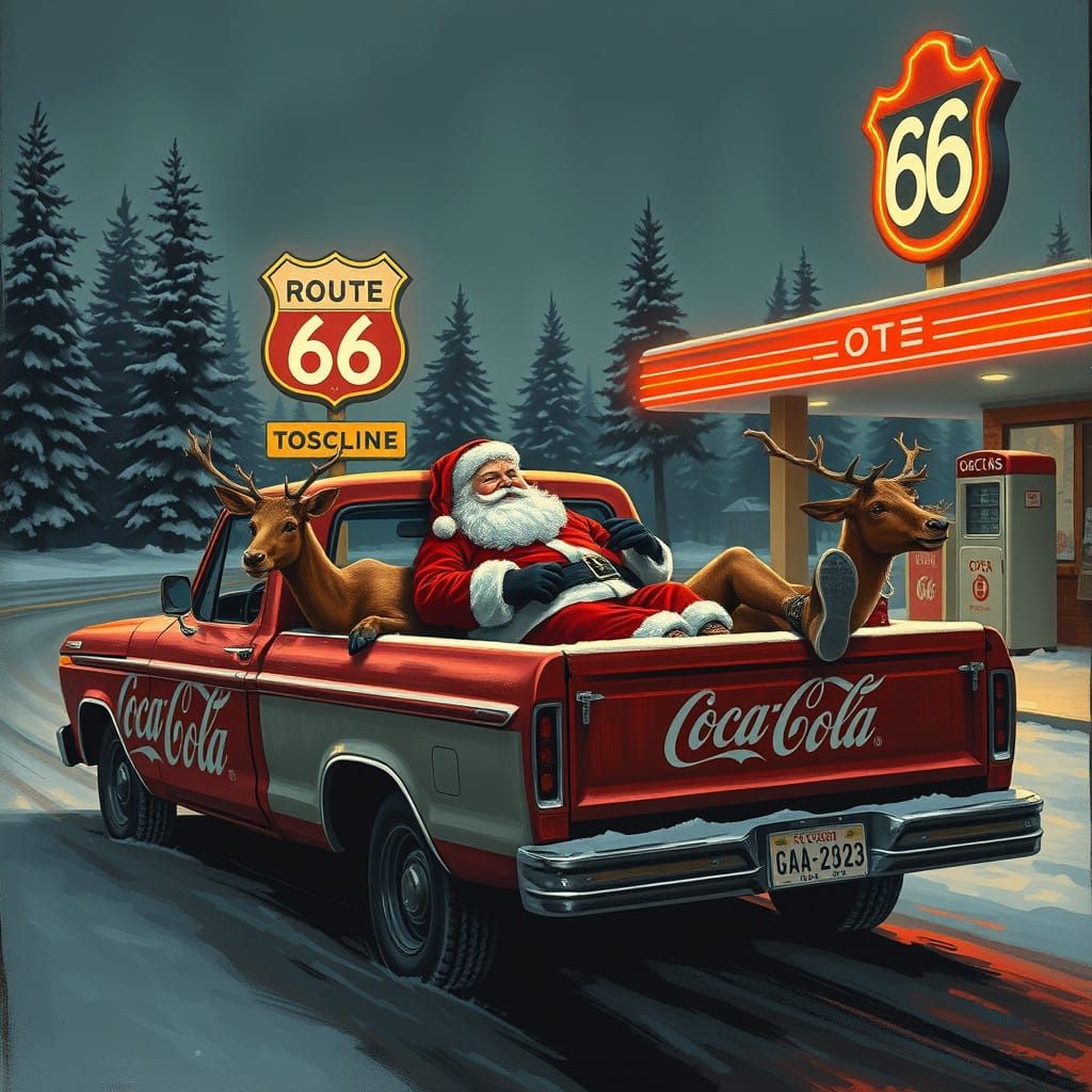 Santa Claus in a Vintage Truck at a Sinister Route 66 Gas St...