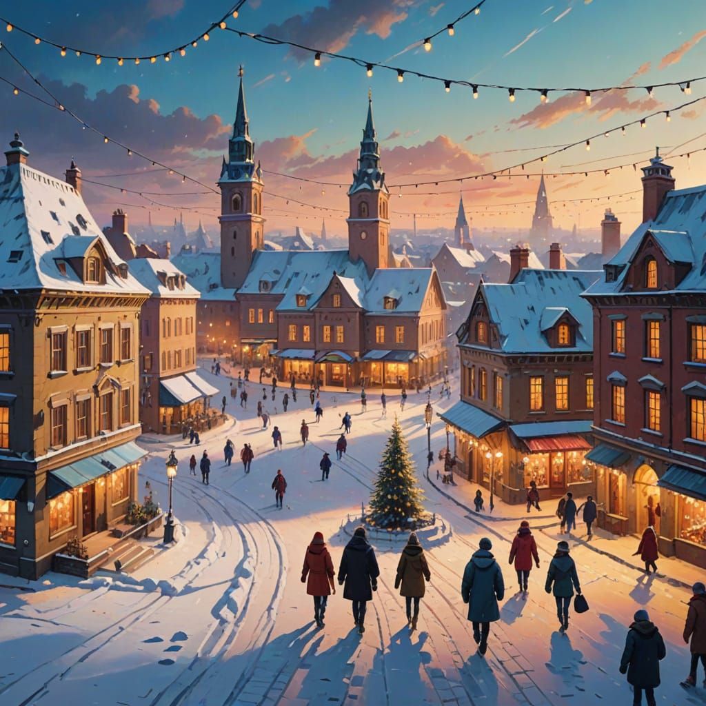 Snowy City Square Oil Painting at Golden Hour