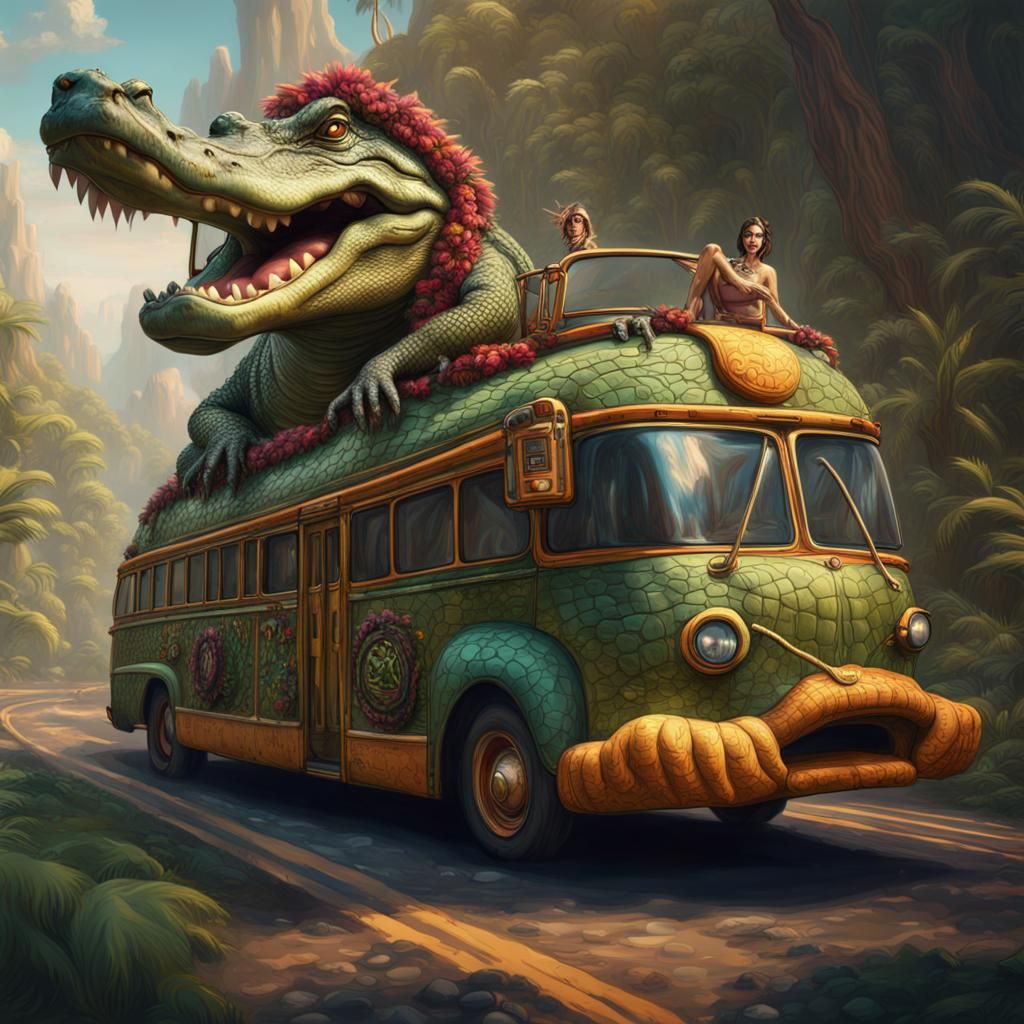 Alligator Drives a Hippie Bus: Fantasy Concept Art