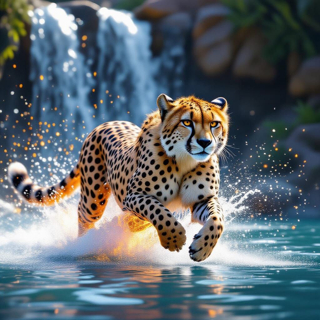 Fiery Cheetah Leaping Through Waterfall in Matte Painting St...