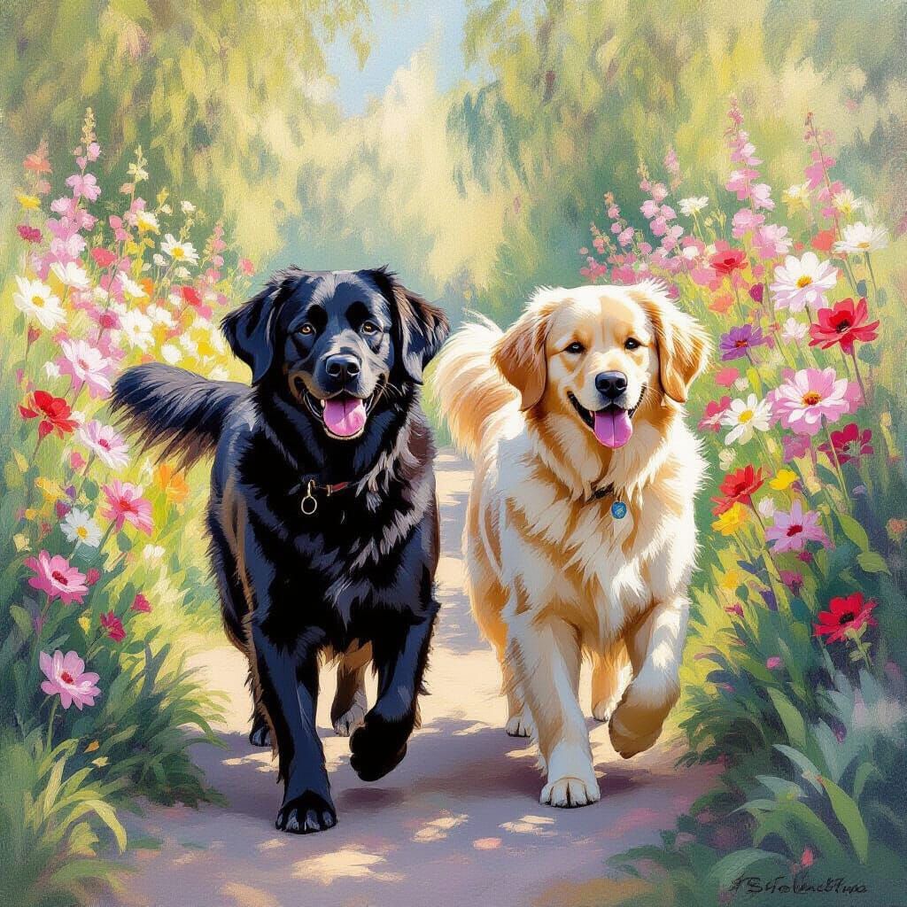 Labrador and Golden Retriever in Impressionist Garden