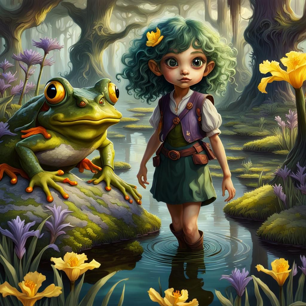 Halfling Girl and Magic Frog in Floral Swamp