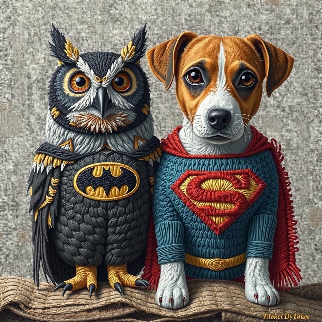Batman Owl and Superman Dog in 8K Embroidery