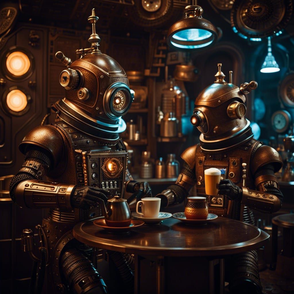 Steampunk Coffee Shop in Space with Android Barista
