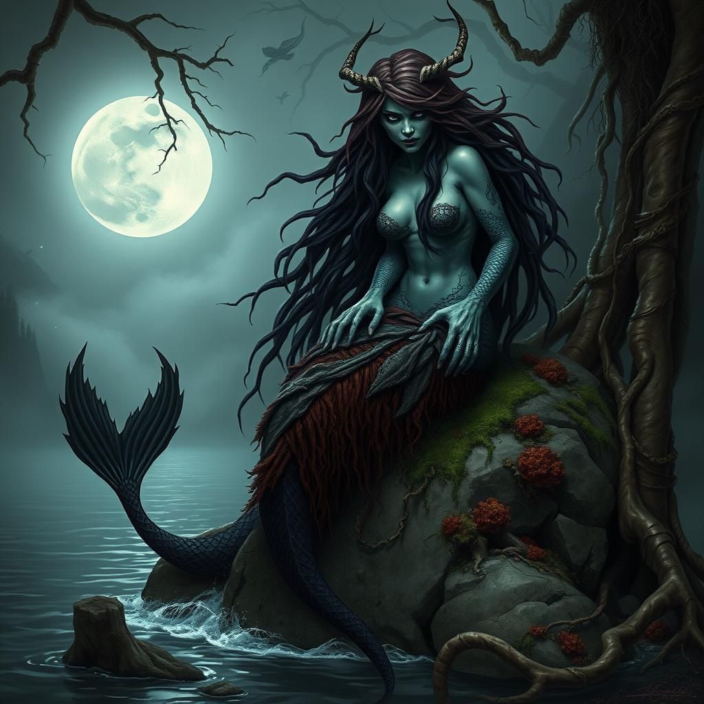Menacing Mermaid Siren by Moonlit Bay