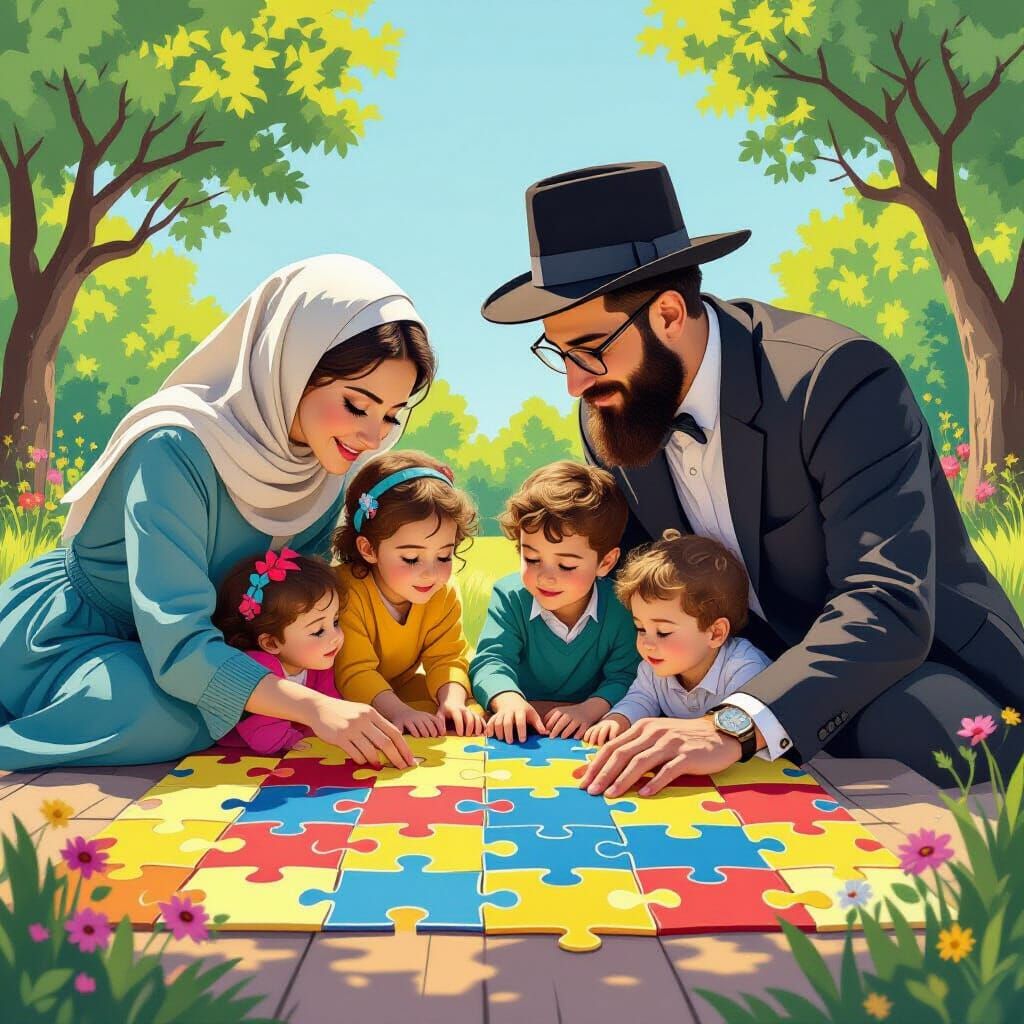 Haredi Family Constructing Puzzle Landscape Illustration