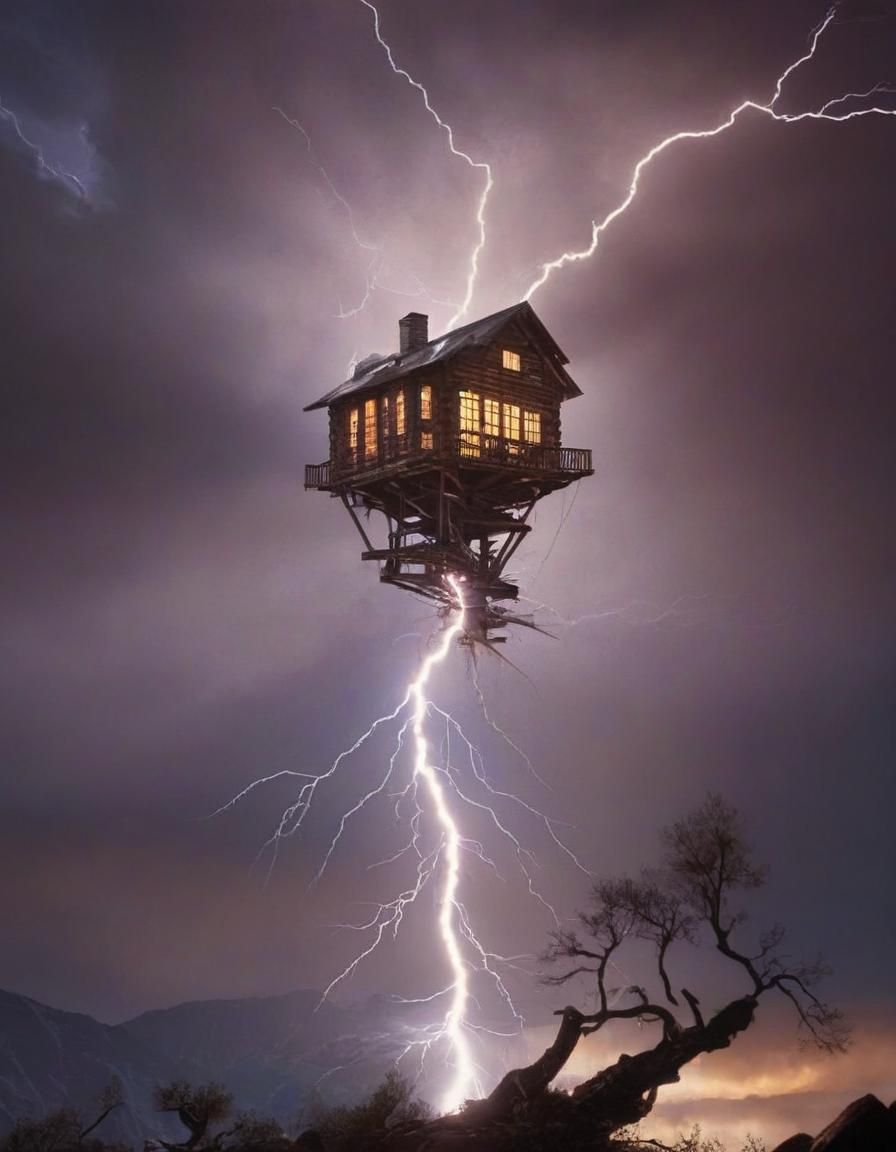 Elaborate Cabin Lit by Lightning in Hyperdetailed Style
