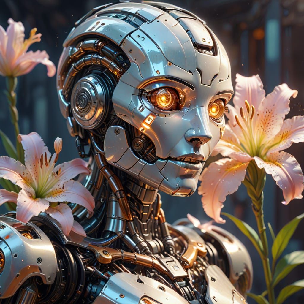 Robot Admires Lily Flower in Vibrant Oil Painting