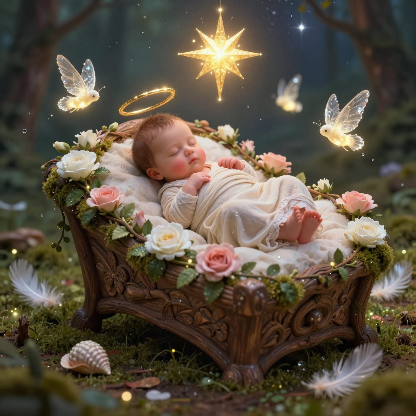 Divine Baby Jesus in Ethereal Forest Cradle