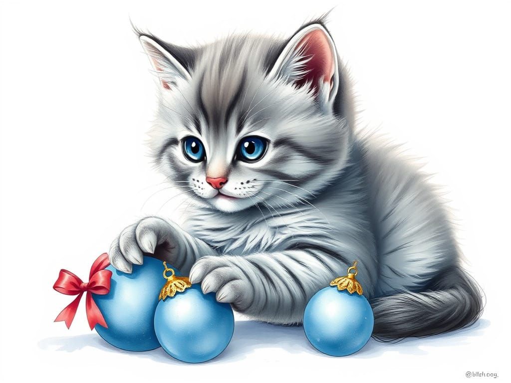 Whimsical Gray Kitten Playing with Christmas Orbs