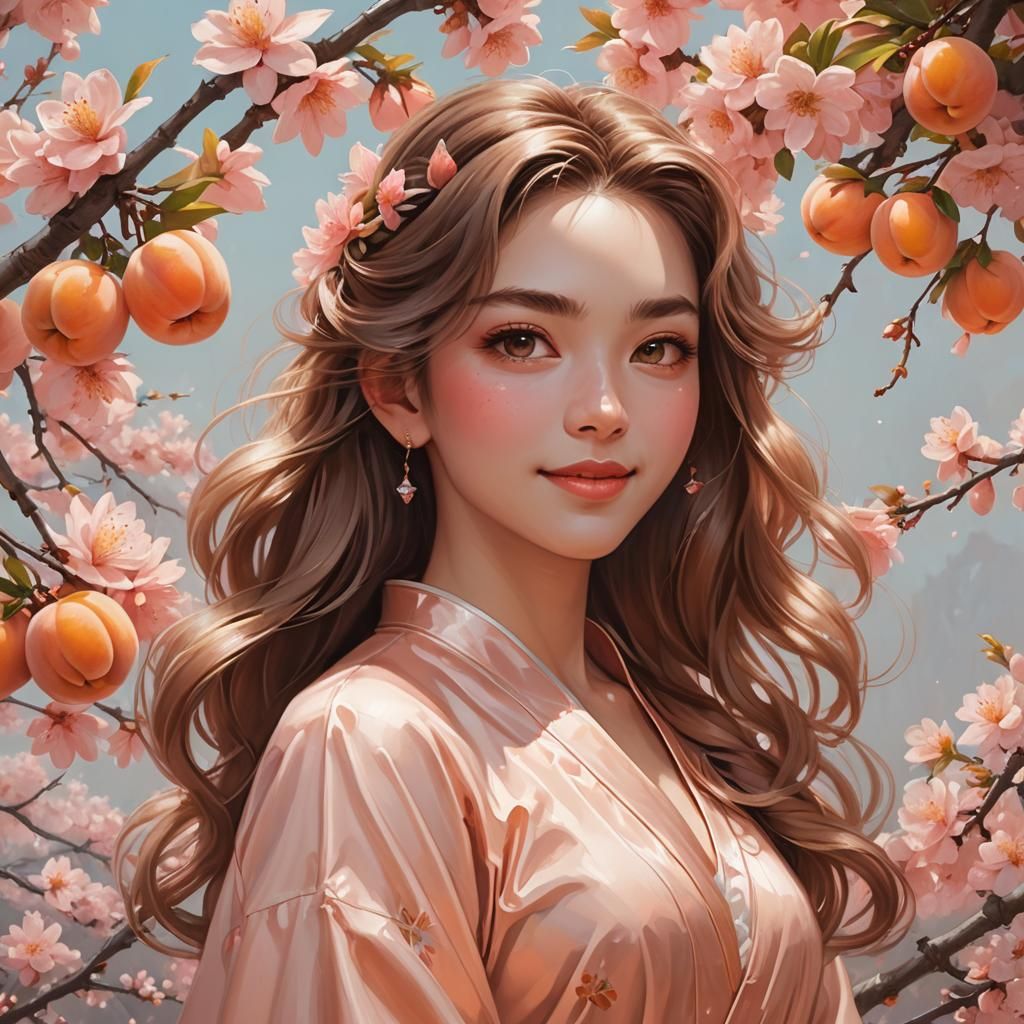 Peach Haired Girl Portrait with Blossoms, Hyperdetailed Art