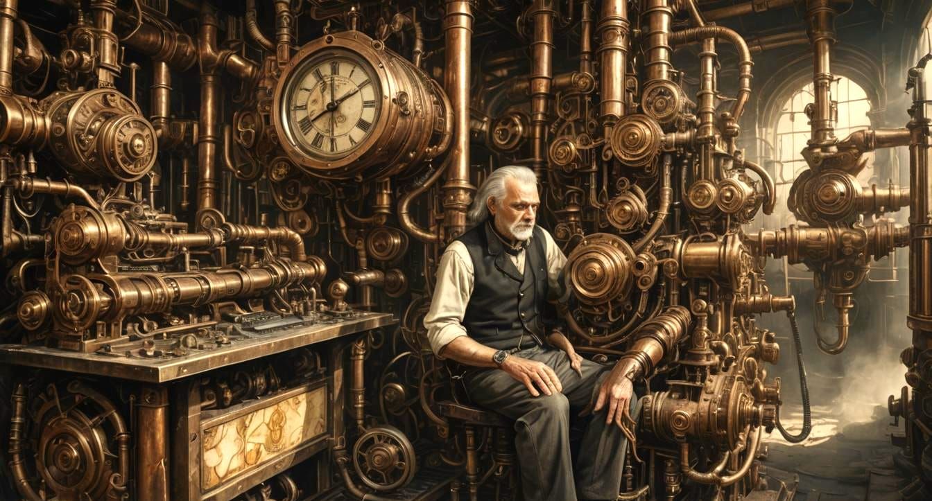 Steampunk Engine in Post-Apocalyptic Art Nouveau Style