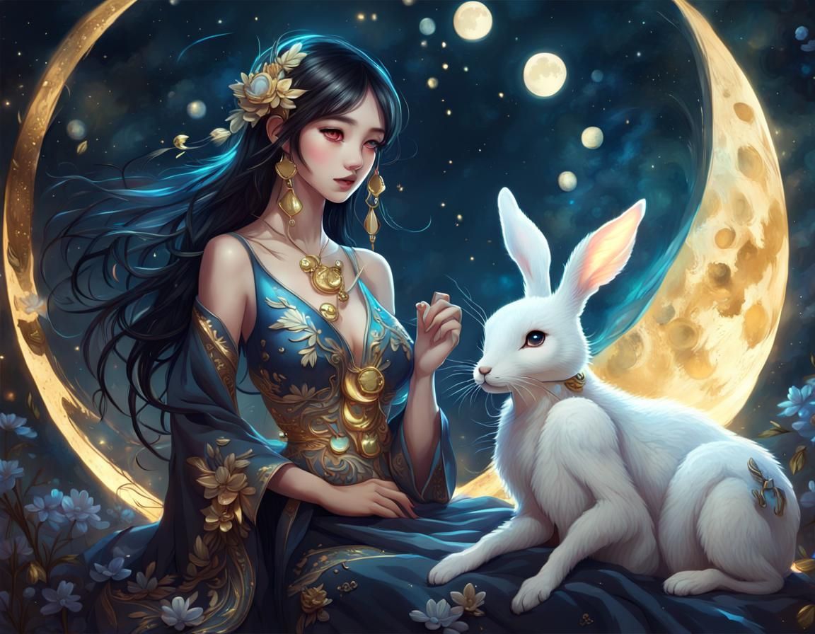 Girl with Hare in Bioluminescent Fantasy Art