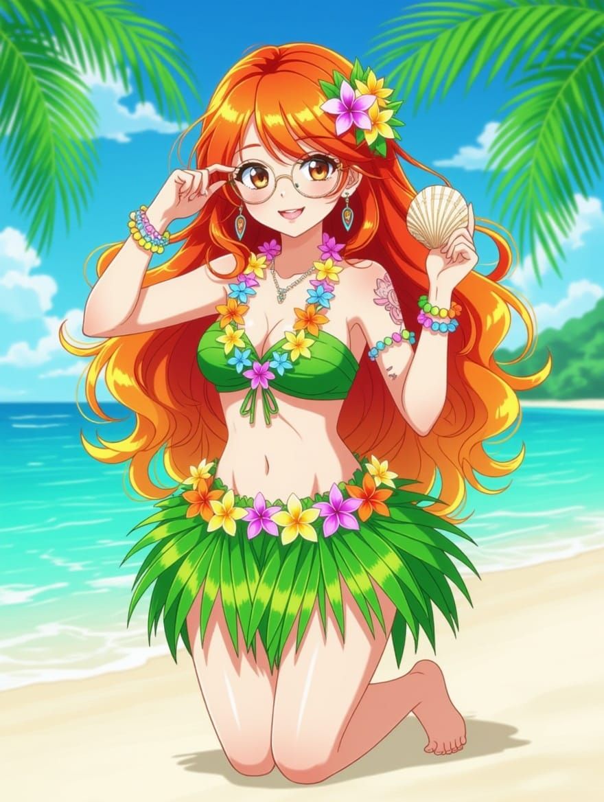 Anime Girl with Tropical Flowers in Manga Style
