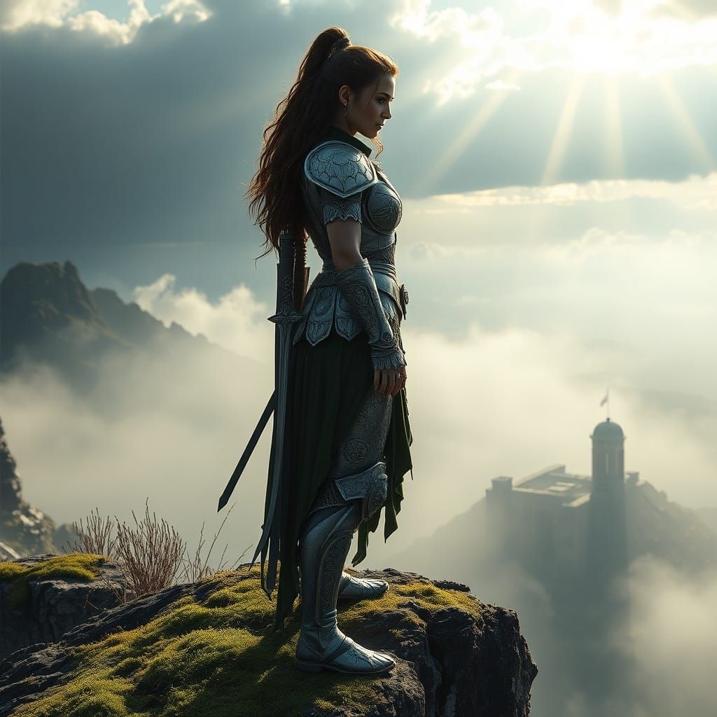 Warrior Woman on Cliff in Misty Valley