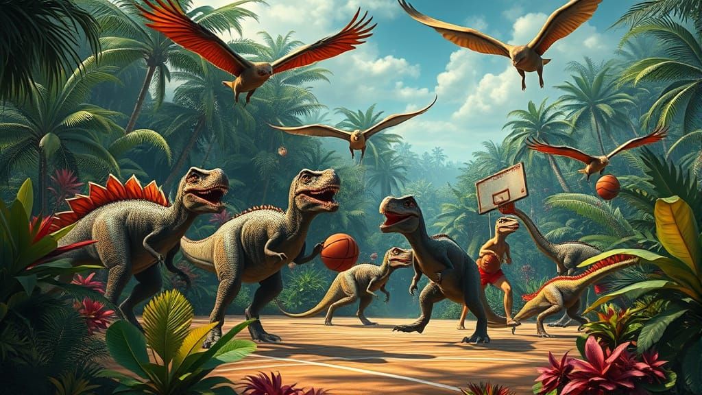 Dinosaur Basketball Championship in Prehistoric Jungle