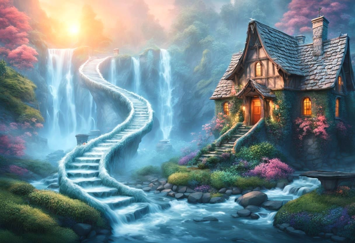 Fantasy Cottage Beside Waterfall with Liquid Staircase