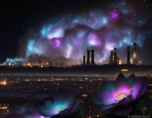 Glowing Garden in Industrial Slum: Digital Watercolor Art