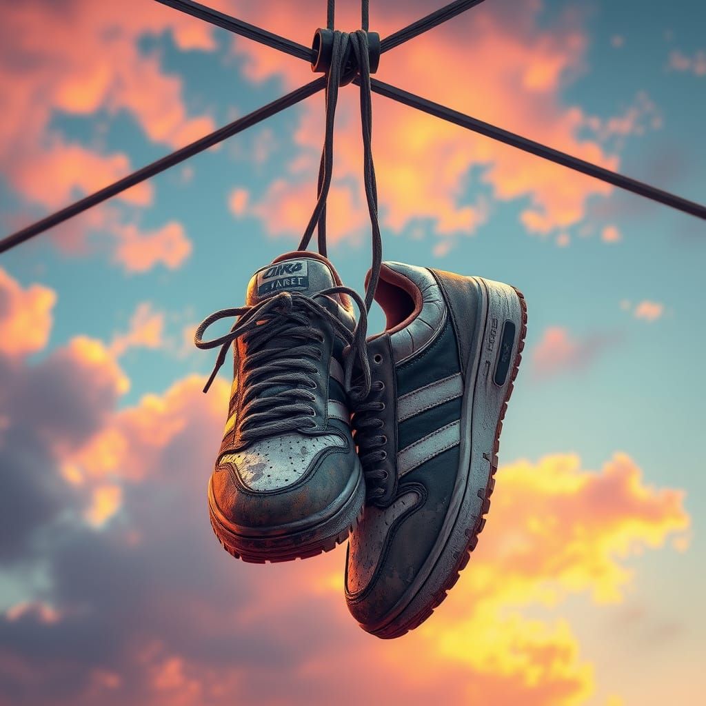 Gritty Trainers on Wire Against Colorful Sky