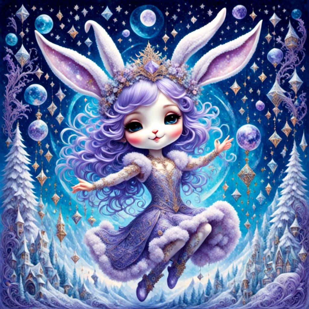 Anime Girl Lilac Bunny Leaping in Crystalline Snow