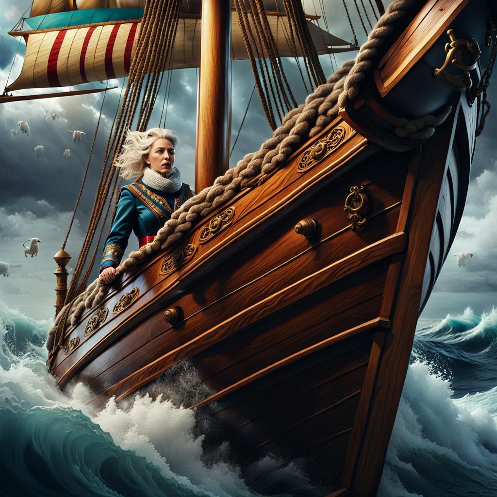 Mature Woman and Giant Captain Sailing Stormy Sheep-Filled S...