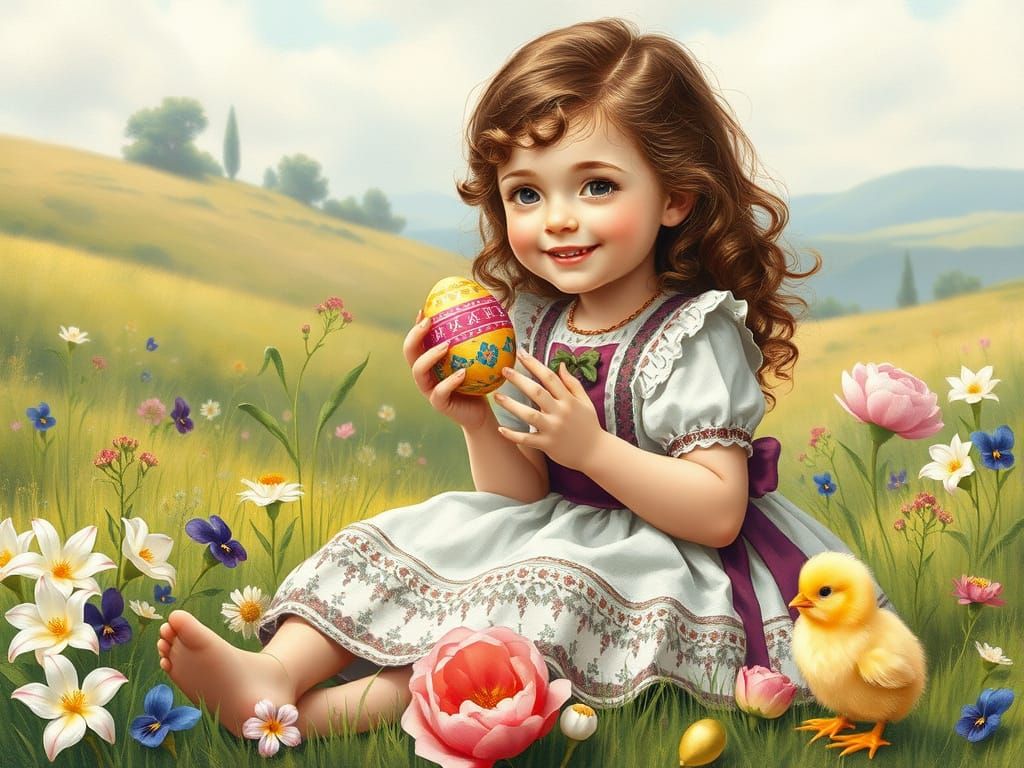 Girl in Romanian Dress with Easter Egg, Gouache Style