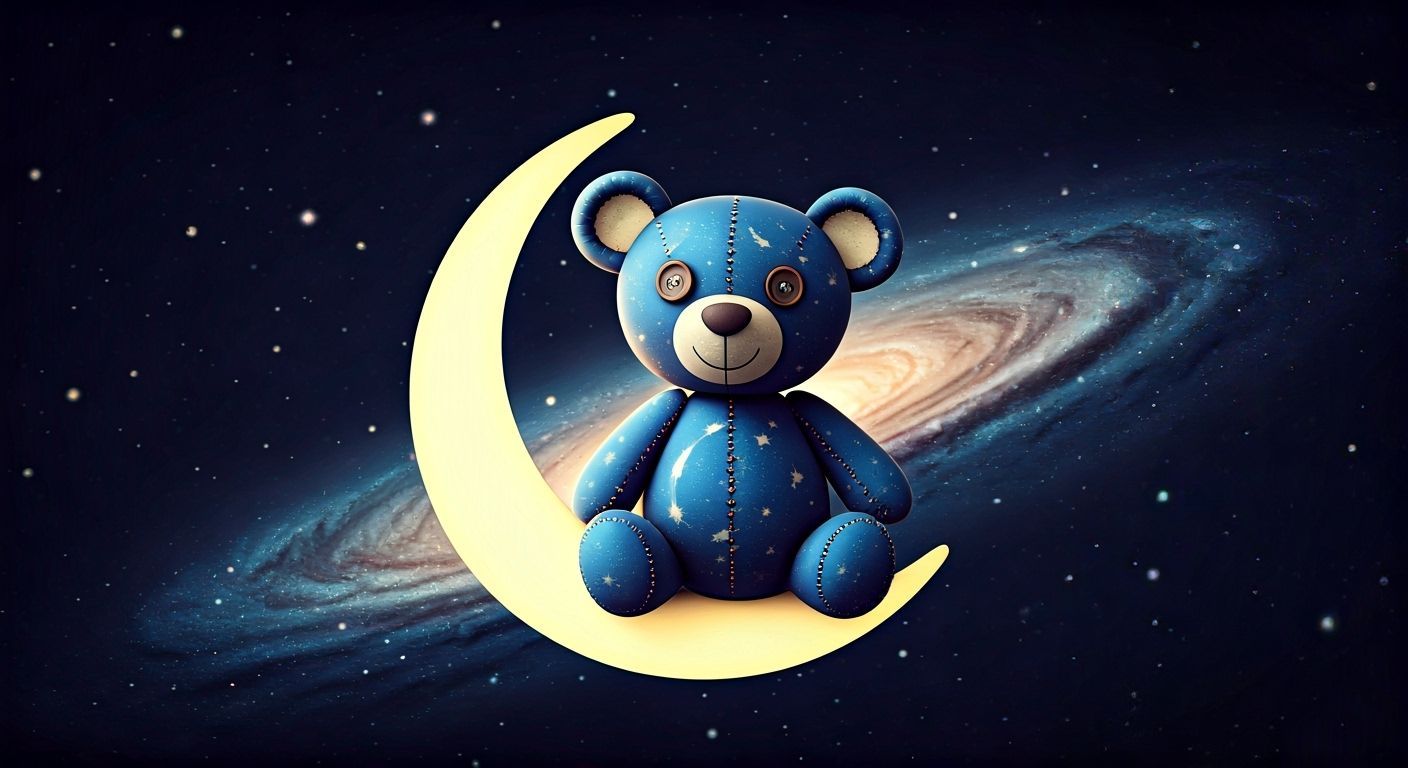 Celestial Teddy Bear on Crescent Moon in 3D Style