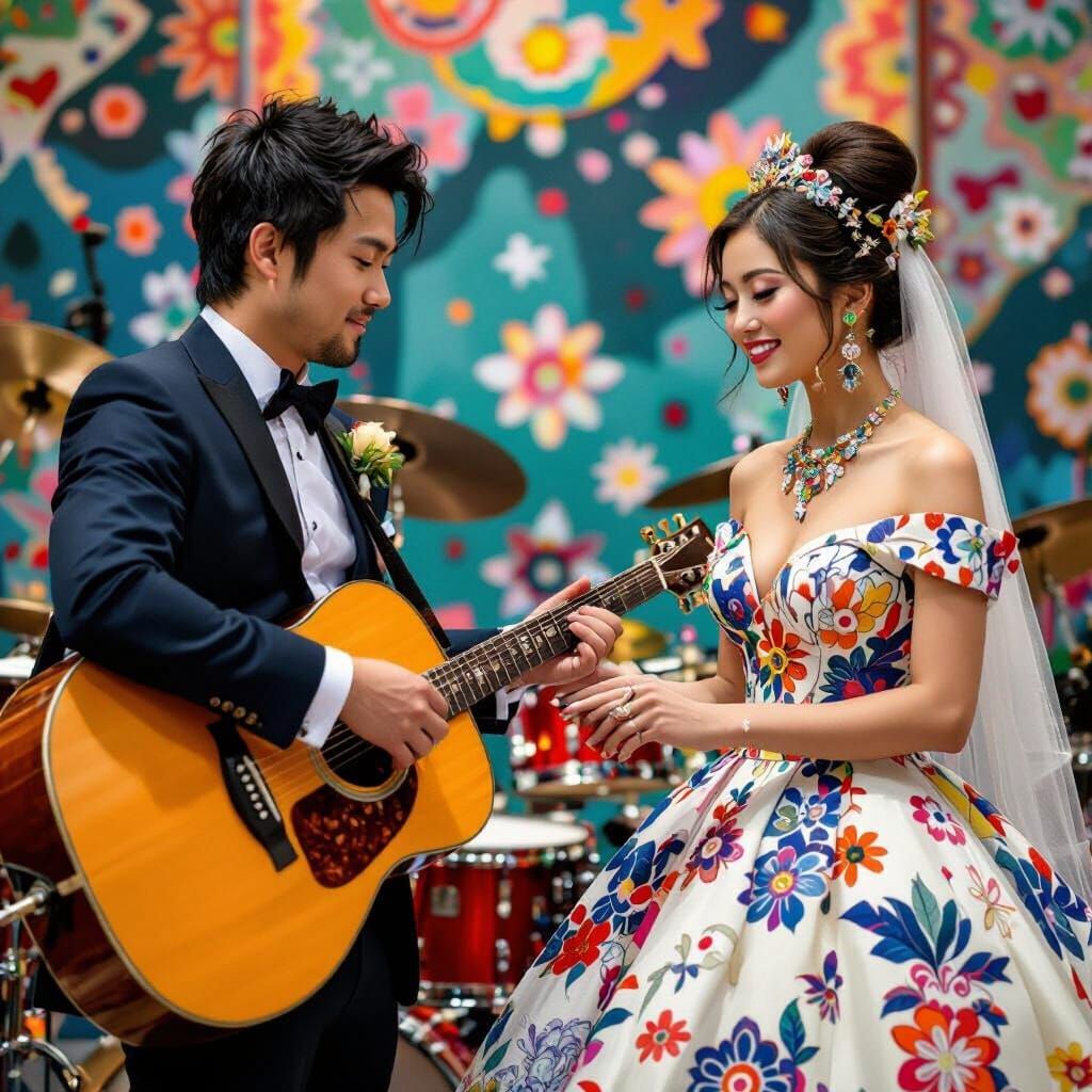 Bride and Groom Exchange Vows in Surreal Pop Art Style