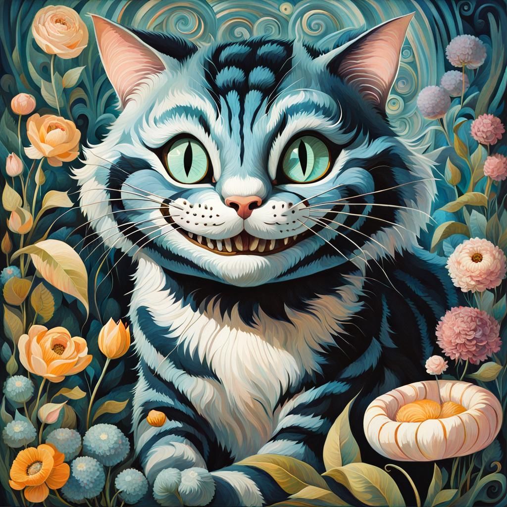 Mischievous Cheshire Cat with Ornate Floral Background